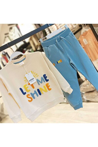 Uğur bebe Children's Tracksuit Set with Curl Embroidery, Chenille Embroidery, Colorful Text Print, Sweatshirt Bottom, Casual Wear