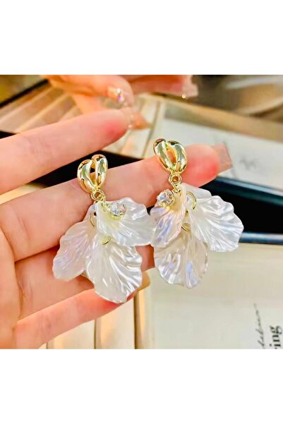 Rachel Silver Altın Renk Zirkon Taşlı Beyaz Renk Tasarım Yaprak Küpe