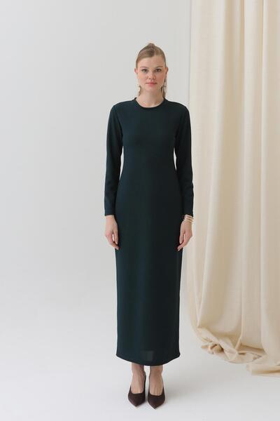 Puane Kadın Basic Uzun Kollu Triko Maxi Elbise-12591ELB - Yeşil