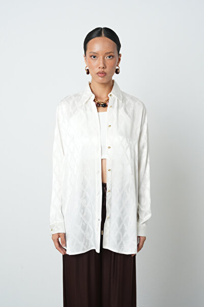 Orfeo Negro Kadın Ekru Renk Baklava Desenli Oversize Tesettür Gömlek