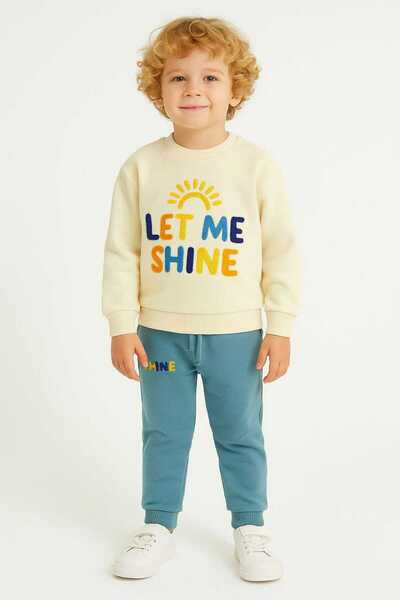 Uğur bebe Children's Tracksuit Set with Curl Embroidery, Chenille Embroidery, Colorful Text Print, Sweatshirt Bottom, Casual Wear