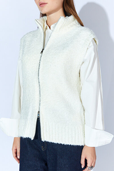 EDITION WOMAN Ecru Double-Sided Zippered Turtleneck Women's Boucle Vest - Ek100375254