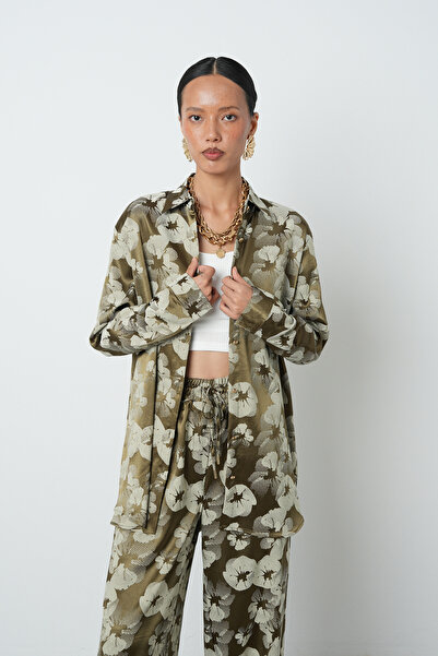 Orfeo Negro Women's Khaki - Beige Color Patterned Oversize Cut Hijab Shirt