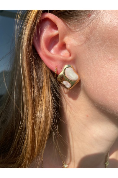 Hora Mineli Kare Gold Çelik Küpe