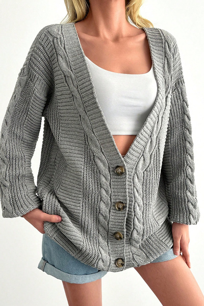 H&E LUXURY DESIGN Cardigan de tricotat gri cu decolteu în V pentru femei