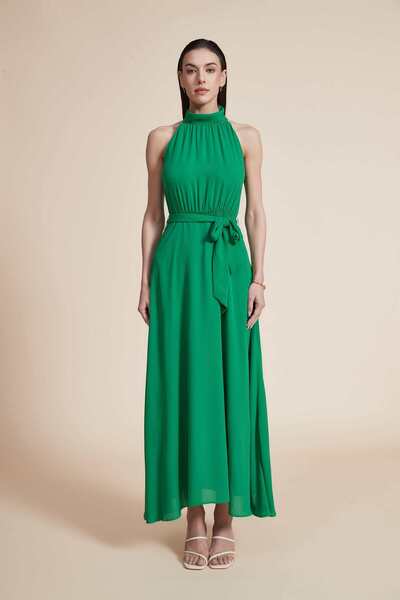 Yola Solid Off-Shoulder Halter Neck Maxi Dress