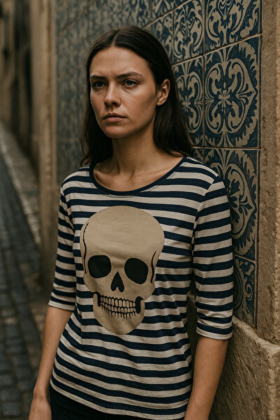 DE PLEIN Striped Skull Half Sleeve Women's T-Shirt