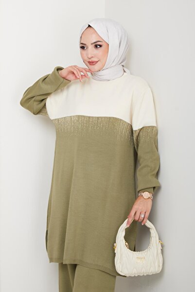 FATELLA Kadın Yeşil Krem Simli Desenli Triko Tunik – Uzun Kol Rahat Kalıp