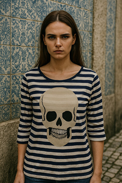 DE PLEIN Striped Skull Half Sleeve Women's T-Shirt