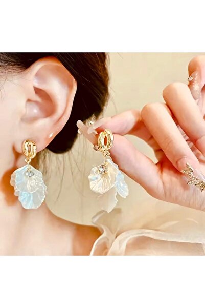 Rachel Silver Altın Renk Zirkon Taşlı Beyaz Renk Tasarım Yaprak Küpe