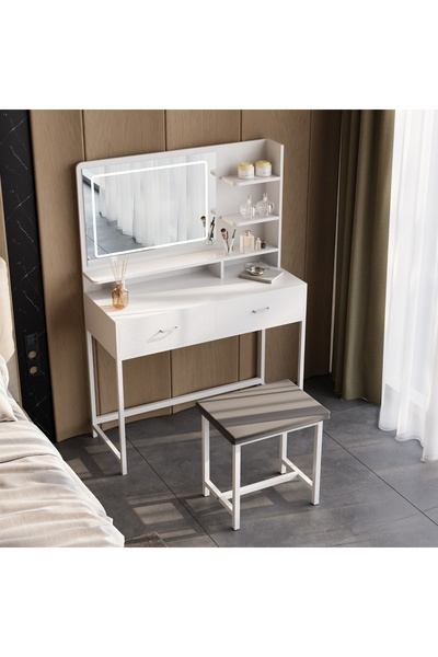 VariFurnx 100*40*135cm Dresser Stool Set LED Mirror Drawers Make Up Vanity Table 3 Levels Light Intensity USB