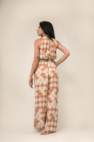 FLAMENCO Retro Geometrik Desenli Sırt İp Bağlamalı Kruvaze Tulum