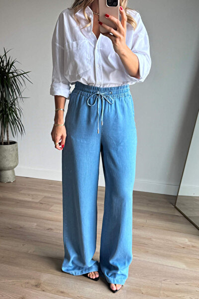 Sue Store Blugi albastru cu talie elastică, model casual, pantaloni subțiri