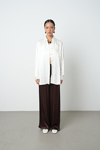 Orfeo Negro Kadın Ekru Renk Baklava Desenli Oversize Tesettür Gömlek