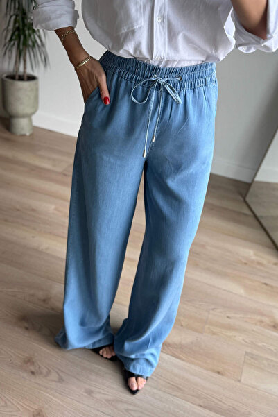 Sue Store Blugi albastru cu talie elastică, model casual, pantaloni subțiri