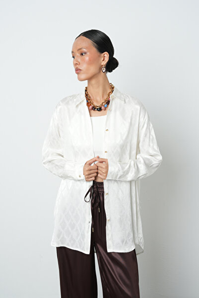 Orfeo Negro Kadın Ekru Renk Baklava Desenli Oversize Tesettür Gömlek