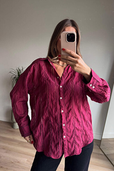 Sue Store Burgundy Stripe Detailed Organza Oversize Premium Shirt