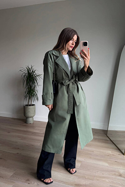 Sue Store Olive Kuşaklı Astarlı Yırtmaçlı Oversize Trençkot