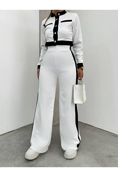 LE CARAMBOLE Women's White Long Sleeve Stripe Detailed Two Piece Set