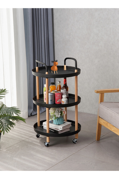 Lawazim Round Side Table 3 Tier Black 48x88cm - Space Saving Coffee End Table with Wheels