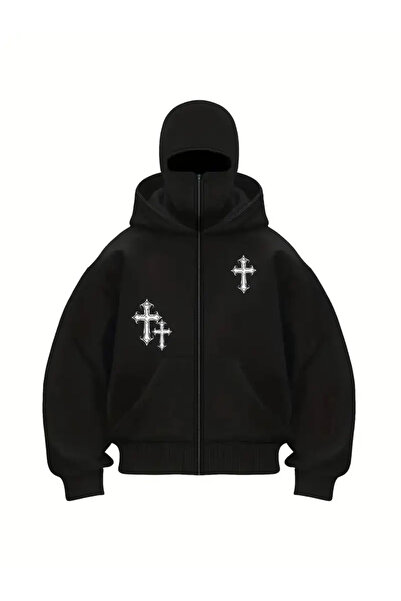 Gofeel Harajuku Gothic Cross Baskılı Kar Maskeli Ninja Unisex Sweatshirt Hırka