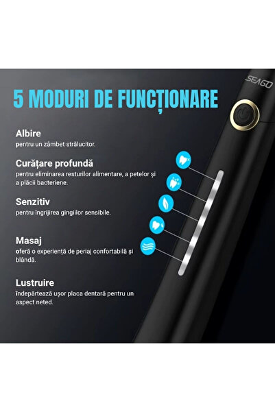 OEM Seago SG-958 sonic electric toothbrush, 5 modes, 6 heads, black