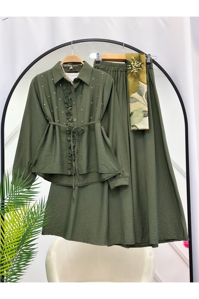 YEDİLALE Sav.Aroski̇ Stone-Embellished Waist-Tie Shirt Skirt Dual-Piece Set [38-46 Size Range]