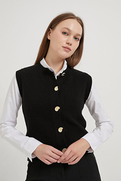 Arma Life Дамски златист копчест базов черен къс плетен кардиган
