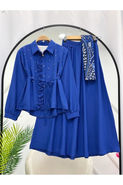 YEDİLALE Sav.Aroski̇ Stone-Embellished Waist-Tie Shirt Skirt Dual-Piece Set [38-46 Size Range]