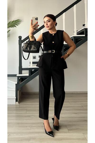 Oslove Black belted double crepe trousers