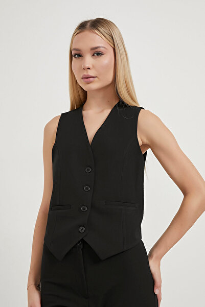 Arma Life Women's Buttoned Lined Thick Strap Black Crop Vest