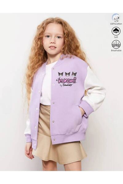 Butik Kız çocuk Kuromi baskı detaylı bomber-Kolej ceket(içi tüylü,yumuşacık) ...