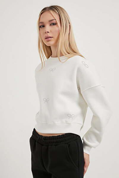 Arma Life Women's Stone Patterned Crew Neck White Sweatshirt