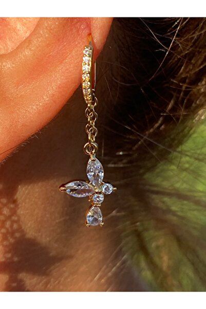 kurukafagift Tek Küpe Zirkon Taşlı Kıkırdak Helix Lob Piercing Kelebek Figürlü Sallantılı