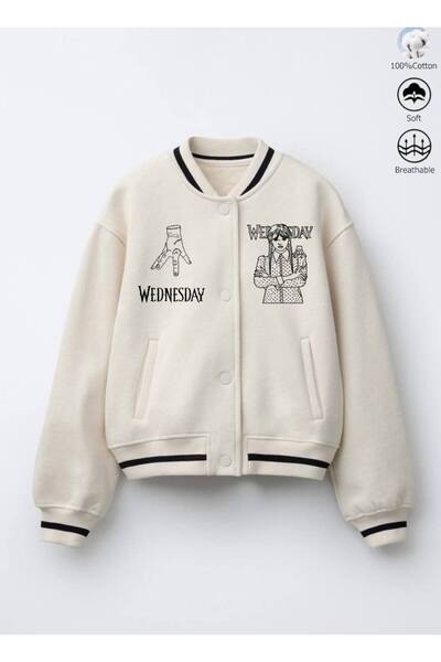 Butik Kız çocuk wednesday Baskılı bomber-Kolej ceket(içi tüylü,yumuşacık) ARKA BASKI DETAYLI ,OVERSİZE