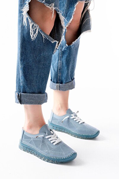 Aymood S-365 Blue Patterned Genuine Leather Transparent Sole Women's Sports Shoes