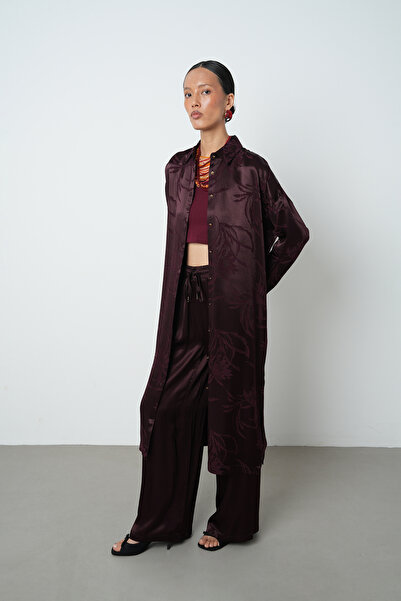 Orfeo Negro Γυναικείο μακρύ τουνίκ πουκάμισο-φόρεμα με μοτίβο φύλλων σε μπορντό χρώμα