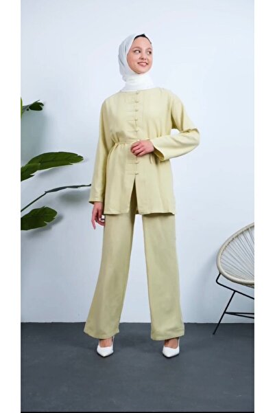 Duruvia boutique Women's Hijab Yellow Buttoned Top and Bottom Set