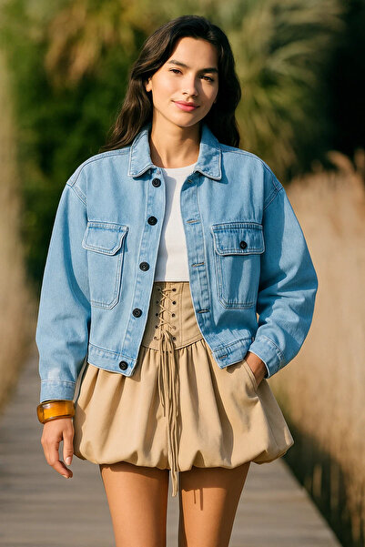 DAMGA JEANS سترة نسائية كبيرة الحجم من الدنيم الأزرق مع جيب كبير على الصدر