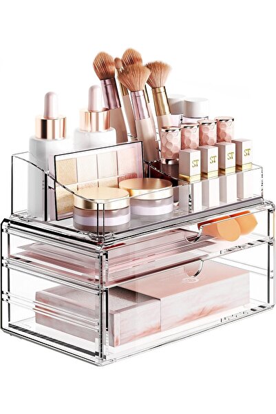 Slasa منظم مكياج أكريليك شفاف بثلاث طبقات مع أدراج، وحافظة عرض مستحضرات تجميل...