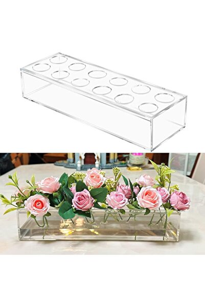 Slasa مزهرية أكريليك مستطيلة الشكل بـ ١٢ فتحة - مزهرية طاولة عصرية شفافة للمنزل وحفلات الزفاف والمناسبات