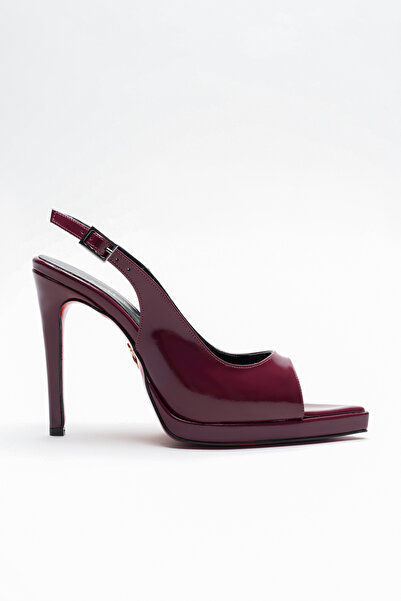 Ayakkabı Ateşi Women's Open Back Pointed Toe Thin Heeled Platform Shoes Hari Burgundy Patent Leather