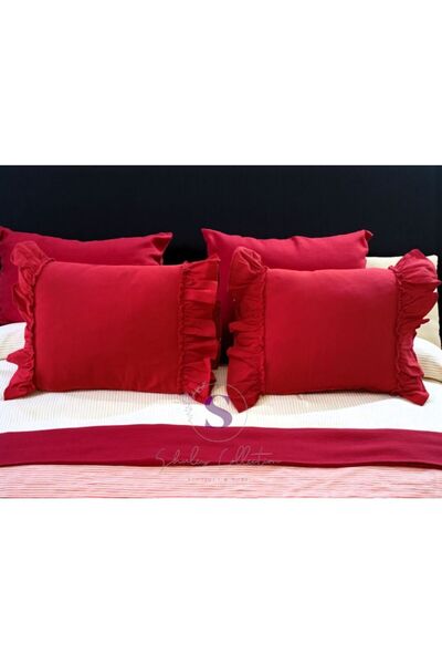 shules collection Red Linen Bohemian Ruffled Vintage 2-Piece Rectangular Throw Pillow Cover