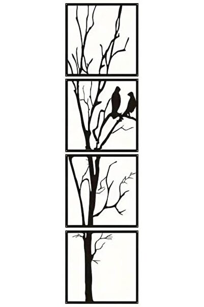 Slasa لوحة فنية جدارية مع طيور على أغصان من - مجموعة من 4 قطع، أكريليك أسود