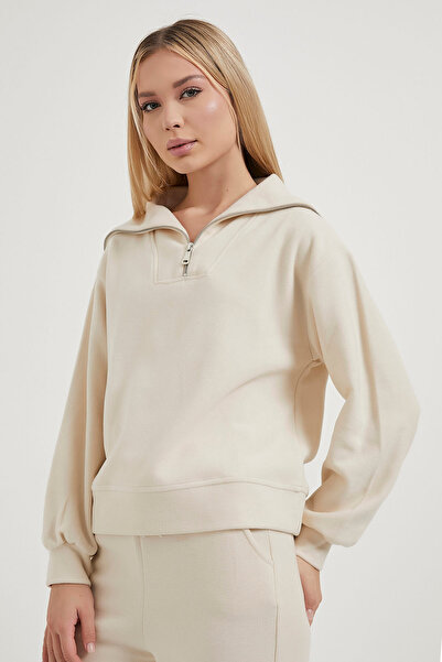 Arma Life Kadın Yarım Fermuarlı Basic Bol Krem Sweatshirt