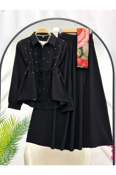 YEDİLALE Sav.Aroski̇ Stone-Embellished Waist-Tie Shirt Skirt Dual-Piece Set [38-46 Size Range]