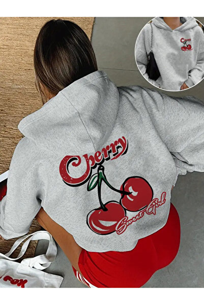 LOUİSA سويت شيرت نسائي رمادي اللون بغطاء للرأس وطباعة الكرز على الأمام والظهر