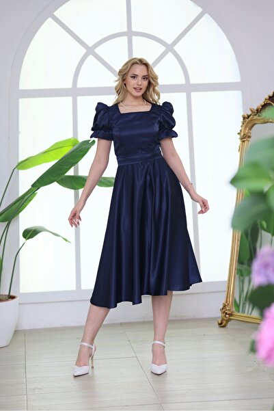 ASLIHANGÜNER MARİBEL SATEN MİDİ KARE YAKA KISA KOLLU ABİYE MEZUNİYET DAVET ELBİSESİ