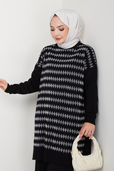 nacar çarşı Kadın Bordo Triko Kazak – Geometrik Simli Desenli Salaş Model