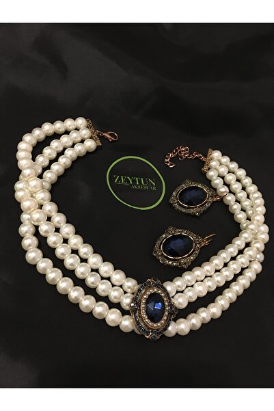 ZEYTUN Elegant Pearl Jewelry Set – Crystal Stone Necklace and Earrings, Engagement & Wedding Accessory